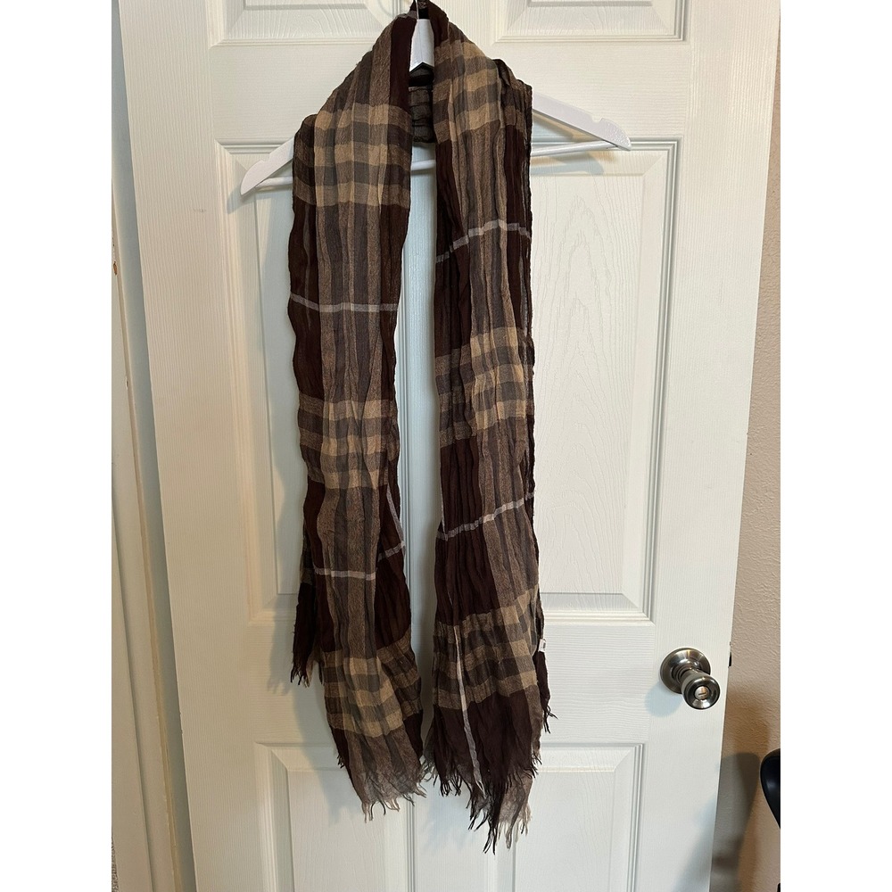 Womens Brown Plaid Crinkle Gauze Scarf Lightweight Frayed Edge Long‎ Wrap Tan